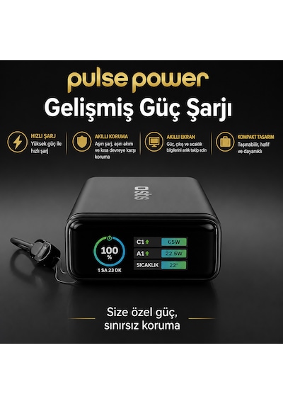 Sbs 20000 Mah Powerbank 65w Pd Lcd Ekranlı Dahili Usb-c Kablolu Laptop Uyumlu Hızlı Şarj Siyah 20.000 Mah