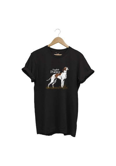 Hunting Avcılık English Pointer Av Köpeği Baskılı %100 Pamuk Regular Fit Unisex T-shirt Siyah