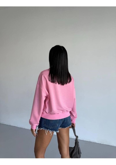 Esa35takı Kadın Bisiklet Yaka Sweatshirt Pembe