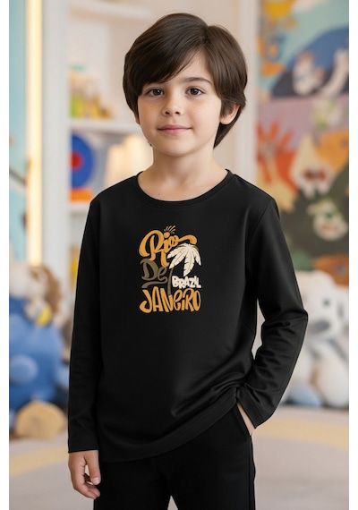 Fyk Kids Sıfır Yaka Rio De Jenerio Baskılı Erkek Çocuk Sweatshirt Siyah