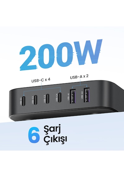 Ugreen Nexode 200W GaN II 6 Portlu Masaüstü Hızlı Şarj Cihazı İstasyonu