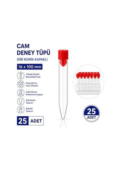 16x100 Mm Cam Deney Tüpü Dibi Konik Kapaklı 25 Adet Laboratuvar Test Tüpü