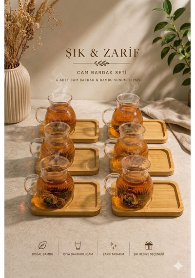 Morponi 6 Lı Cam Çay Ve Kahve Fincanı Bambu Altlıklı Sunum Seti 150 Ml Şeffaf Cam