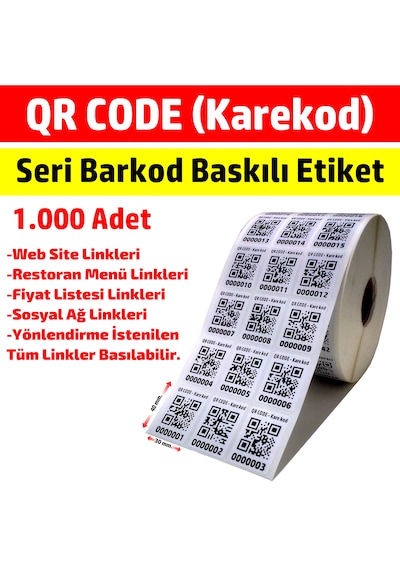 Qr Code Karekod Barkod Baskılı Seri Numaralı Etiket Gs1 /1000Ad.