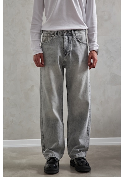 Erkek Ekstra Baggy Jean Pantolon Gri Melanj