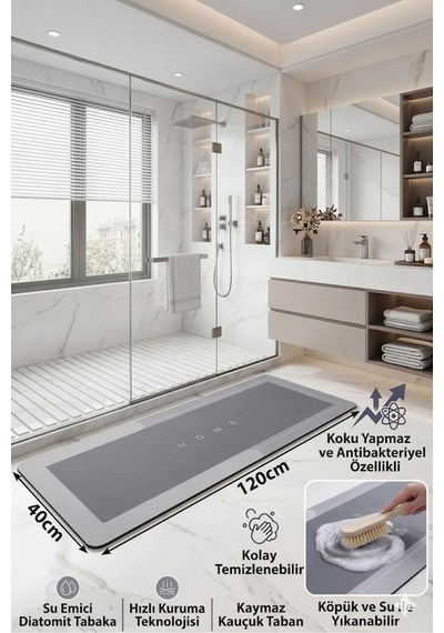 Buççin Online Mağaza Su Emici Banyo Paspası Kaymaz Tabanlı Su Emici Yapı 40x120m Uzun Kauçuk Gri Çok Renkli