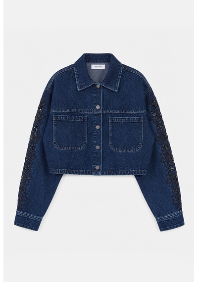 Kadın Koyu Kot 2w6-7 Dantel Nakış Detaylı Kemer Boy Özel Tasarım Denim Ceket