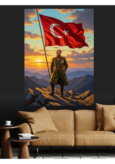 Türk Bayrağı Ve Atatürk Silüeti Dekoratif Kanvas - Mdf Ahşap Tablo