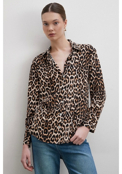Never More Leopar Desenli Viskon Gömlek Siyah Siyah