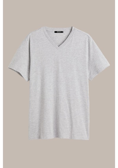 Erkek Indigo %100 Pamuk Basıc Regular Fit Pamuklu Kısa Kollu V Yaka T-shirt Gri