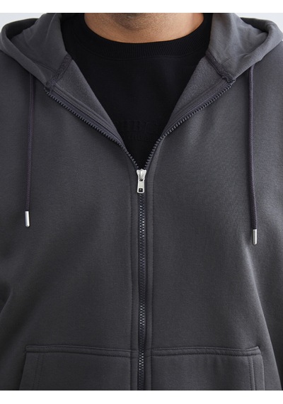 Lcwaıkıkı Classic Gri Büyük Beden Kapüşonlu Erkek Kalın Fermuarlı Sweatshirt
