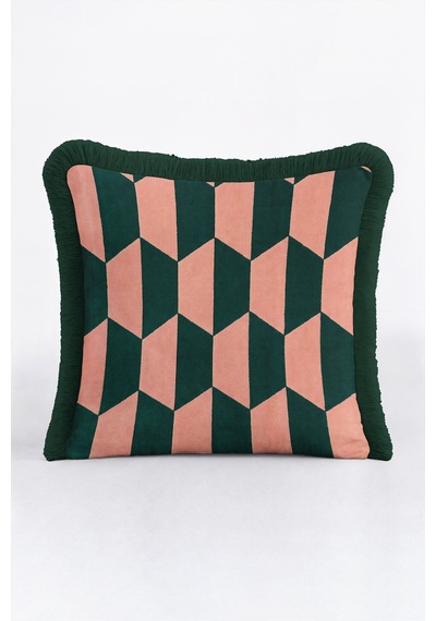 Geometrik Art Deco Kadife Saçaklı Yastık Kılıfı - Zikzak Bohem Pudra Siyah Püsküllü Kırlent Kılıfı Mavi