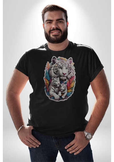 Siyah Kaplan Ailesi Renkli Tüyler Unisex Unisex Siyah Organik Baskılı T-shirt Penye Yüksek Kalite Siyah
