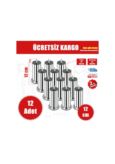 Ademkocplastik 12 Cm Baza Koltuk Kanepe Ayağı Civatalı M8-İnce Diş-12 Adet