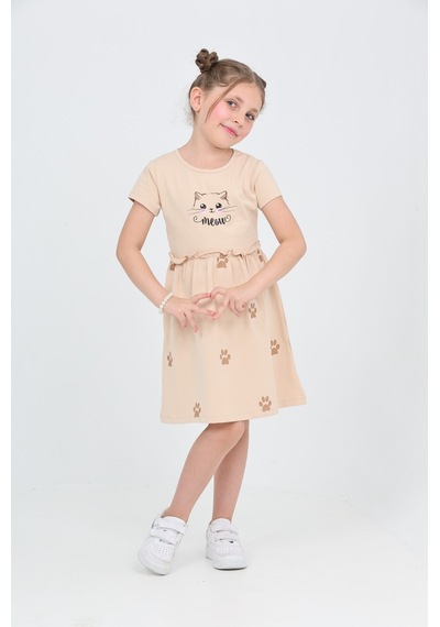 Toontoy Kids Toontoy Kız Çocuk Kedi Baskılı Elbise Bej
