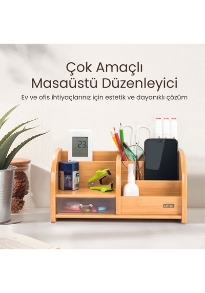 Bambu Ahşap Çekmeceli Masaüstü Kalemlik