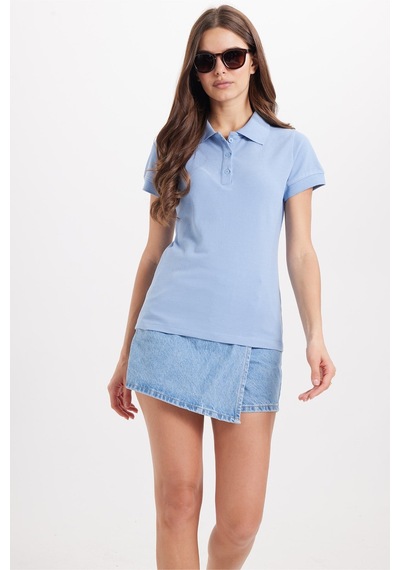 Tudors Kadın Slim Fit Dar Kesim %100 Pamuk Polo Yaka Mavipike Tişört -50837 Mavi
