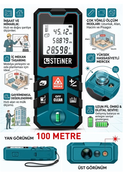 Steiner 100 Metre Su Terazili Uzunluk Alan Hacim Pisagor Ölçüm Cihazı Dijital Mesafe Ölçer Lazer Metre Mavi