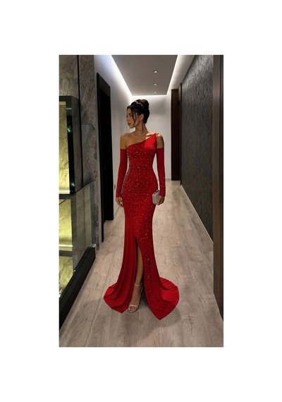 DefyModa Kadın Günlük Tek Omuz Taş Detaylı Abiye Elbise Kırmızı