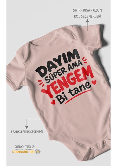 Morivokids Dayım Süper Ama Yengem Bi Tane Kısa Kollu Bebek Body %100 Pamuk Pastel Pembe