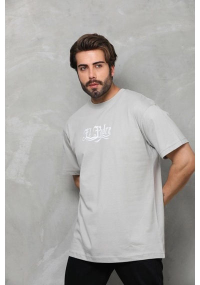 Erkek Kısa Kol Yazlık Tişört Bisiklet Yaka Baskılı Oversize T-shirt - Gri