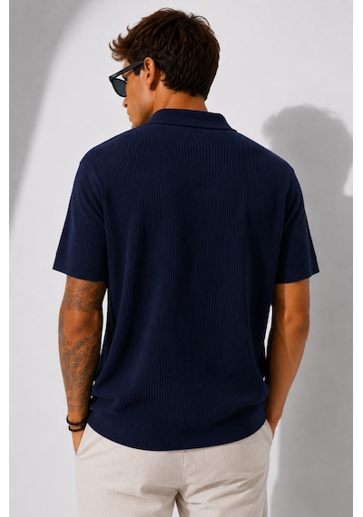 Ribana Erkek Kısa Kollu Fitilli Yarım Düğme Kapama Polo Yaka T-shirt 26001 Lacivert