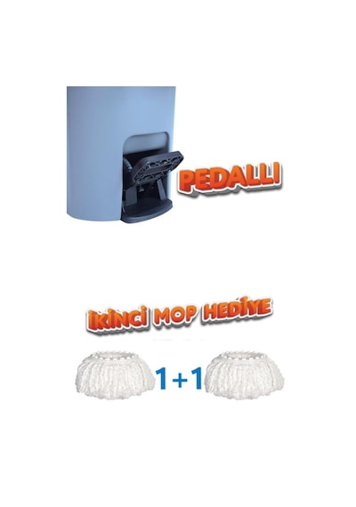 Twin Turbo Pedallı Çelik Mop Set, Temiz Ve Kirli Suyu Ayıran Otomatik Temizlik Seti 1+1 Mop Mavi