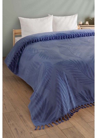 Çift Kişilik Saçaklı Havlu Yatak Örtüsü - %100 Pamuk & Yumuşak & Saçaklı Pike - 220x240 Cm - İndigo İndigo