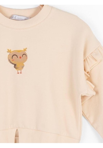 Nk Kids Kız Bebek İçi Şardonlu Oversize Baykuş Baskılı Sweatshirt-14718 Krem
