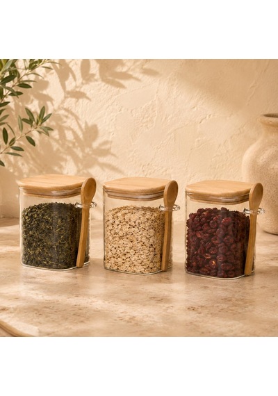 550 Ml Kaşıklı Cam Kavanoz 3'lü Set, Bambu Kapaklı Şeffaf Cam Saklama Kabı, Çay Kahve Şeker Baharat Kuruyemiş Kavanozu, Mutfak Düzenleyici Kaşıklı Baharatlık Seti Çok Renkli