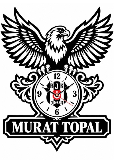 40x45 Cm Kartal Figürlü Bjk Armalı Dekoratif Duvar Saati Kişiye Özel Murat Topal