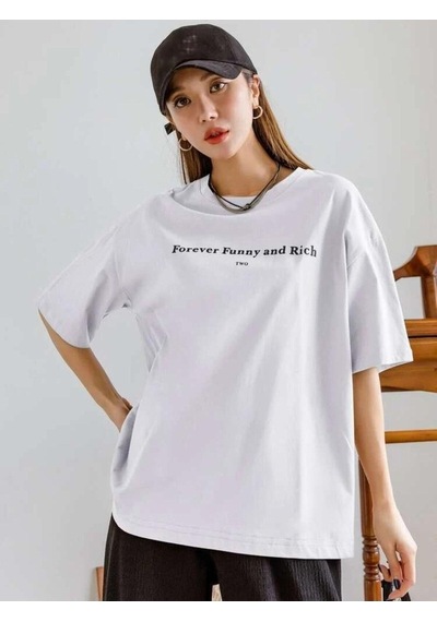 Flood Of Style Kadın Beyaz Funny And Rich Baskılı Oversize T-shirt
