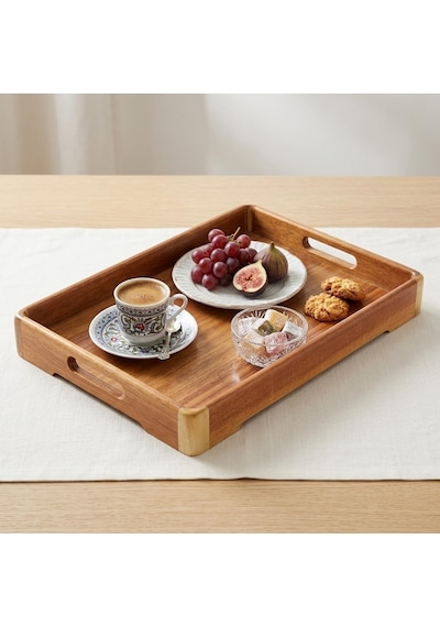 Büyük Boy Akasya Ahşap Sunum Tepsisi 40x28 Cm - Doğal Ahşap Çay, Kahve Ve Kahvaltı Tepsisi, Kulplu Tasarım