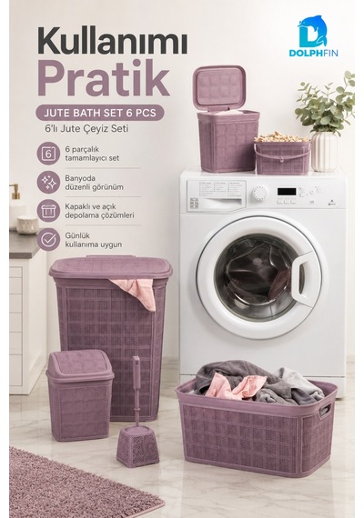 Jute Çeyiz Seti 6 Lı Plastik Banyo Mutfak Dolap İçi Düzenleyici Sepet Kutu Çöp Kovası Seti Karışık Renk Siyah