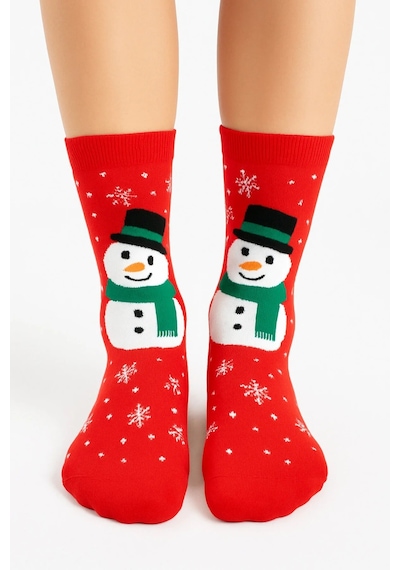 Saysez Unisex Yılbaşı Desenli Renkli Soket Çorap Christmas Happy New Year Kırmızı - Beyaz