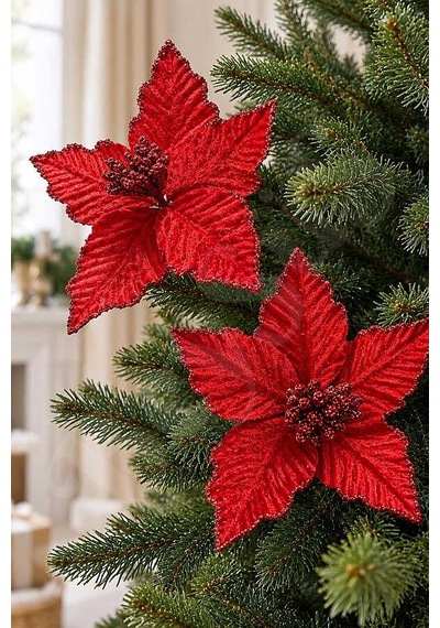 Yılbaşı Ağacı Süsü Kırmızı Ata Çiçek 14 Cm 2li Diğer