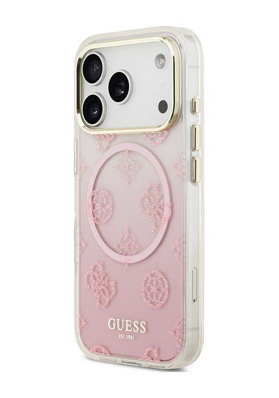 Apple Uyumlu iPhone 17 Pro Kılıf Guess Lisanslı M-safe Özellikli Simli Peony Desenli Silikon Kapak Pembe Pembe