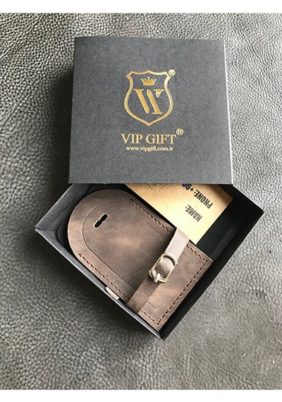 Vip Gift Voyager Bagaj Isimlik Valiz Bavul Etiketi Hakiki Deri Koyu Kahverengi