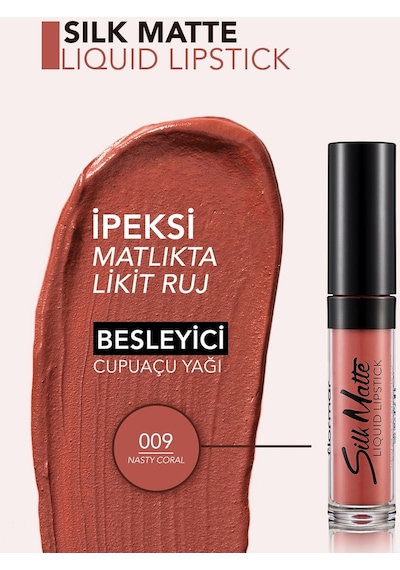 Flormar Kadife Dokulu Likit Mat Ruj - Silk Matte Liquid Lipstick - 009 NASTY CORAL - 8690604505364