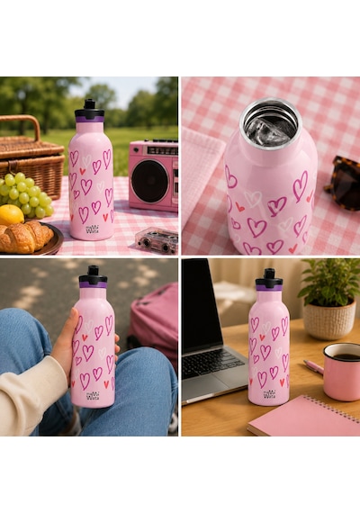 Mamawata Hearts Pipetli Çocuk Termos Matara 470 Ml Paslanmaz Çelik Sızdırmaz Yalıtımlı Suluk Açık Pembe