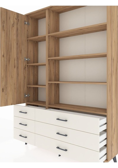 Arges Dolap 8 Raflı 6 Çekmeceli Tek Kapaklı 132x30x195 Çam-ç... Çam
