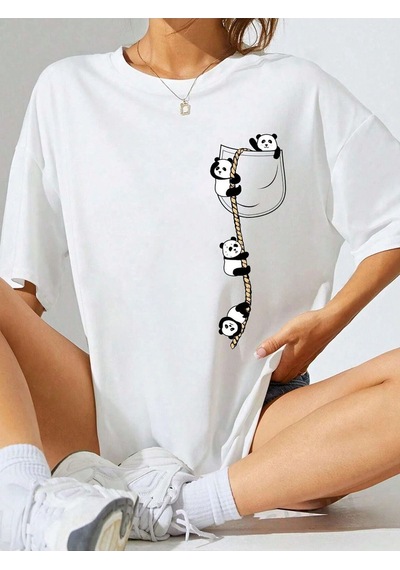 Flood Of Style Kadın Beyaz Sevimli Pandalar Baskılı Oversize