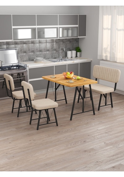 Hayat 70x110 Atlantik Mutfak Masası, Mutfak Masası Takımı, Yemek Masası, 2 Sandalye 1 Bench - Krem Krem