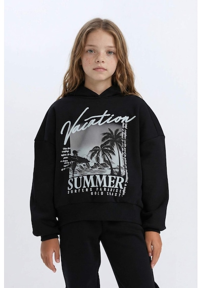 DeFacto Kız Çocuk 2'li Takım Kapüşonlu Baskılı Sweatshirt Beli Lastikli Jogger Alt D2219A824WNBK81 Siyah
