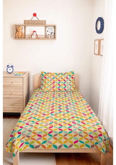 Renkli Geometrik Genç Odası Tek Kişilik Pike Takımı - Turkuaz Sarı 160x220 Cm Kapitone Yatak Örtüsü Buharlı Halı Aralığı