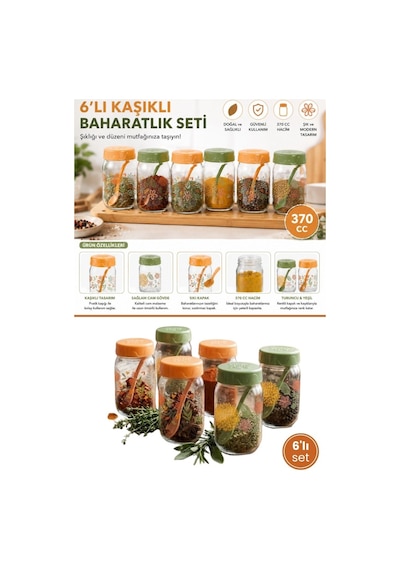 6'lı Kaşıklı Cam Baharatlık Seti, Çiçek Desenli Tuz Biber Nane Kekik Baharat Kavanozu 6x370cc Çok Renkli