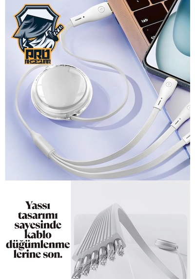 Makaralı Düğümlenmeyen 100w Type-c Süper Fast Pd Şarj Kablosu 3in1 Apple iPhone Samsung Xiaomi Uyumlu Hızlı Şarj