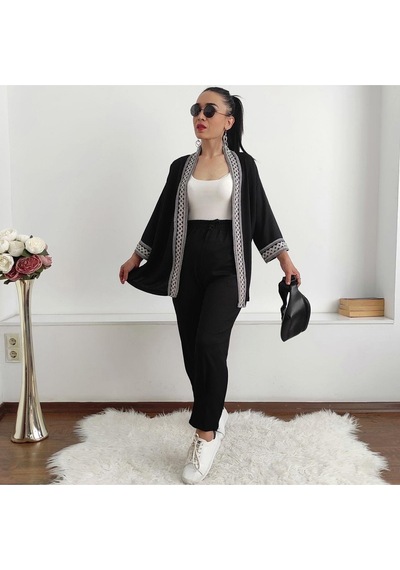 İpli Dar Nakışlı Kimono Takımı Siyah
