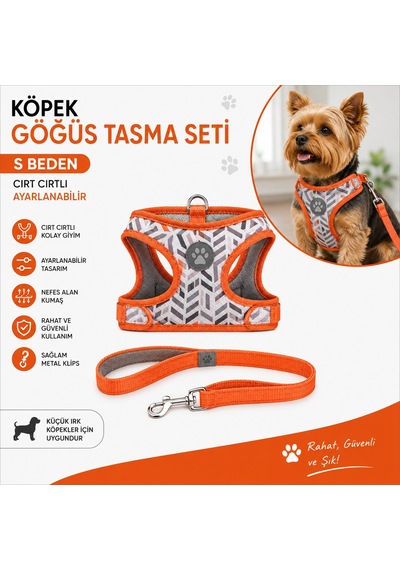 Köpek Göğüs Tasması Ve Sevk Kayışı Seti S Beden Cırt Cırtlı Nefes Alan Kumaş - Turuncu Çok Renkli