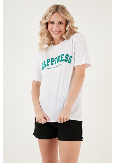 Lela Baskılı Pamuklu Oversize Bisiklet Yaka Bayan T Shirt 541Happiness Beyaz